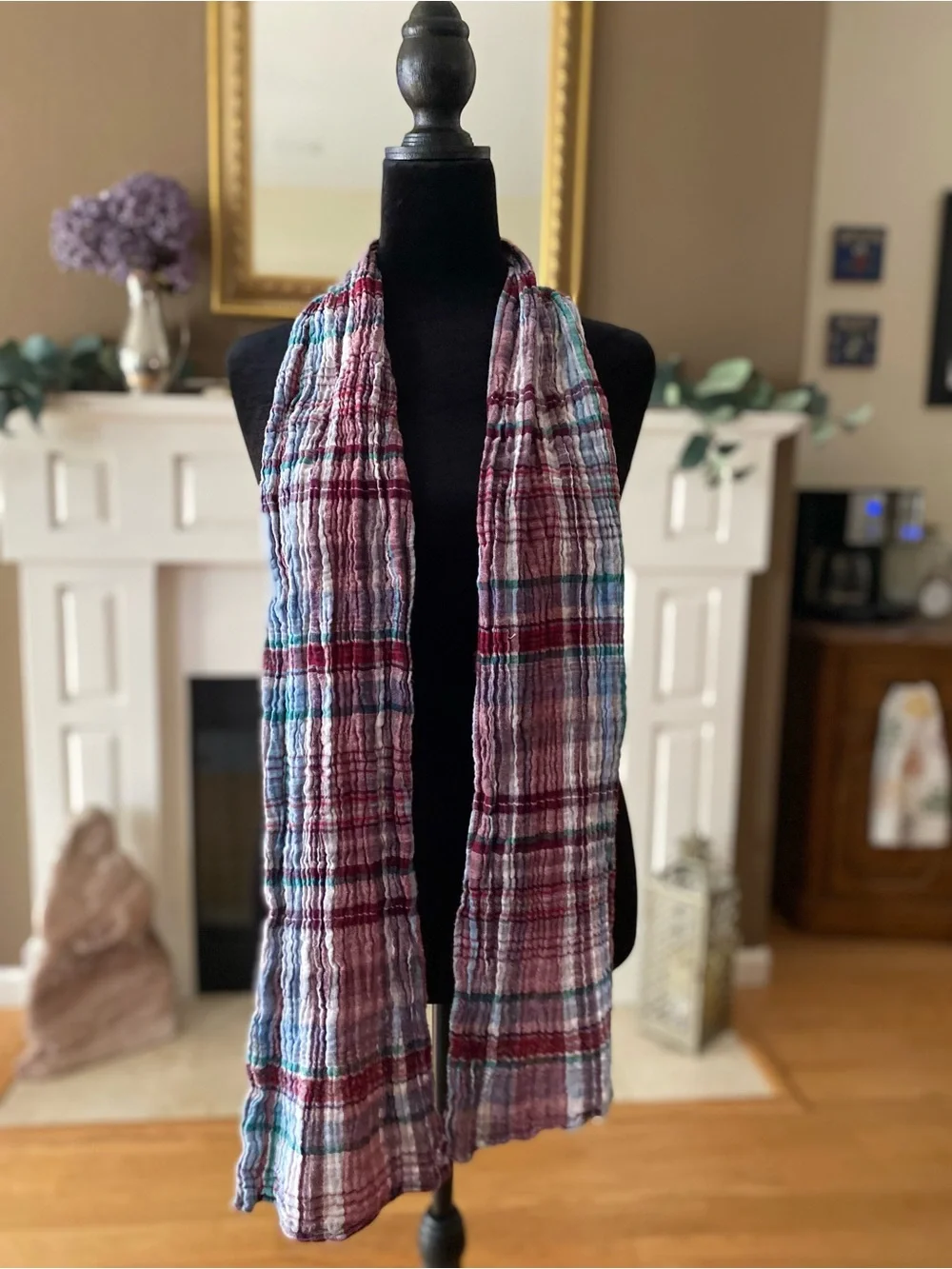 Plaid Lightweight Reversible Scarf in Maroon and Blue - Women Accessories